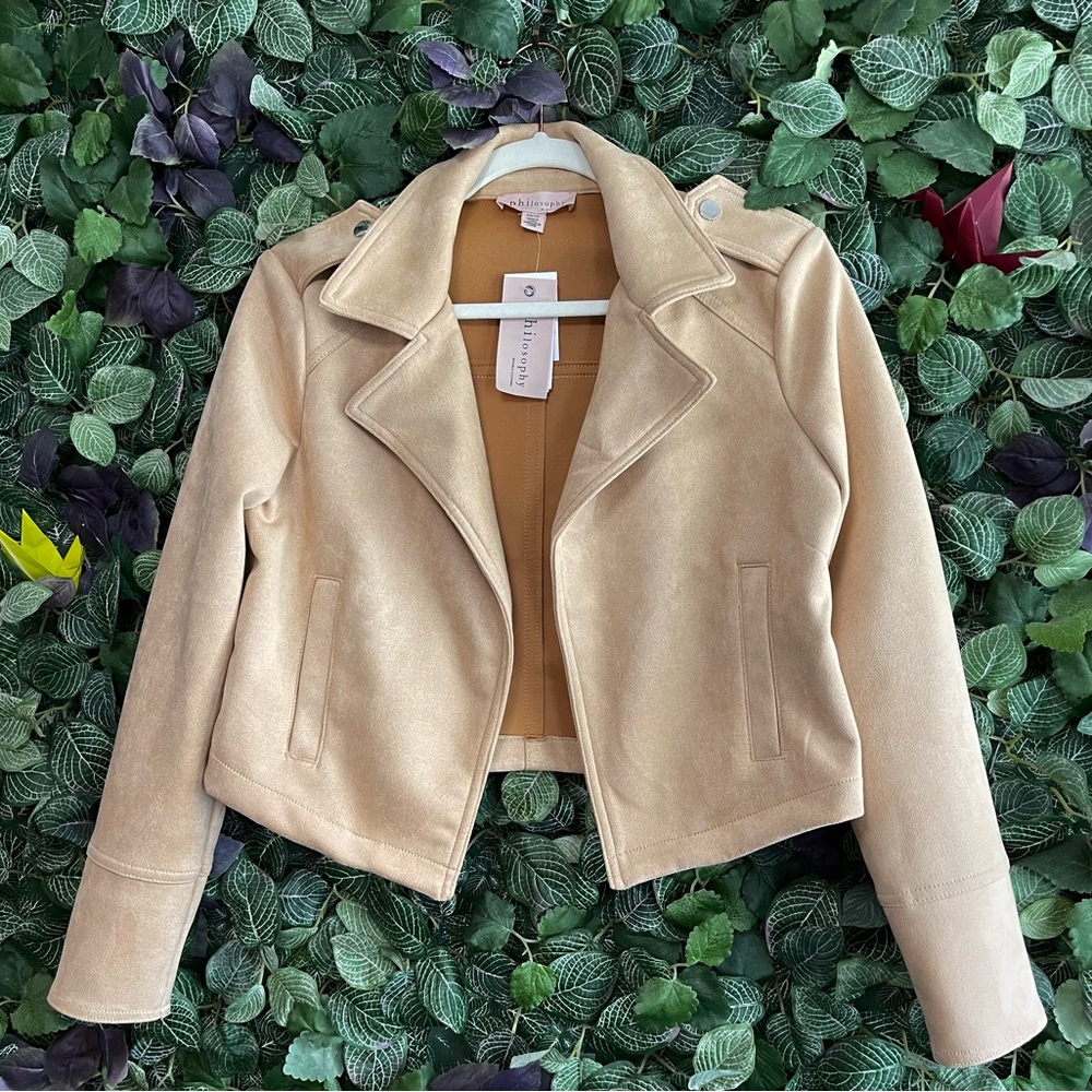 Philosophy Women’s Faux Leather Jacket Coat open front size XS Tan Brown NWT